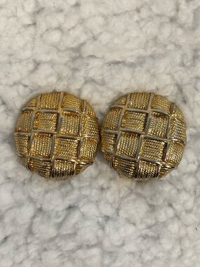 Vintage Gold-Tone Button Basket Weave Clip Earrings